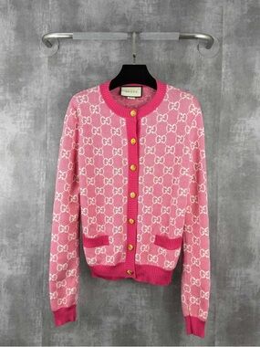 Authentic Gucci Pink GG Jacquard Knit Cardigan